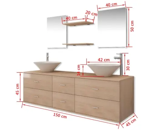 9-Osaline Kraani Ja Valamuga Vannitoamööbli Komplekt, Beež