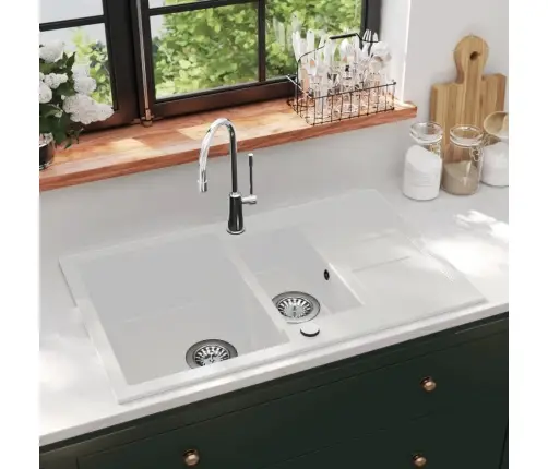 Virtuves Izlietne, Divas Bļodas, Balts Granīts Vidaxl