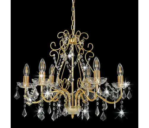 Lustra Ar Kristāla Pērlītēm, Zelta Krāsā, Apaļa, 6 X E14 Vidaxl