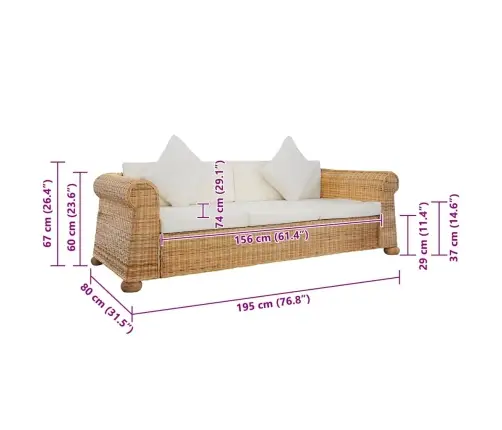 Trīsvietīgs Dīvāns Ar Matračiem, Dabīga Rotangpalma Vidaxl
