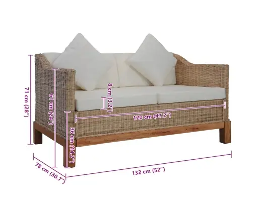 Divvietīgs Dīvāns Ar Matračiem, Dabīga Rotangpalma Vidaxl