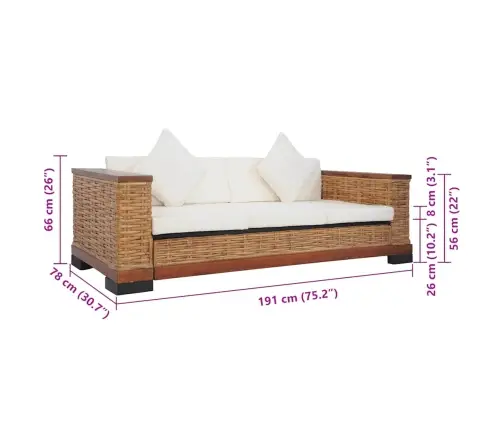 Trīsvietīgs Dīvāns Ar Matračiem, Dabīga Rotangpalma, Brūns Vidaxl
