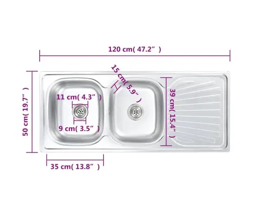 Virtuvinė Plautuvė Su 2 Dubenimis, Sieteliu Ir Sifonu, Plienas