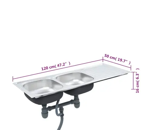 Virtuvinė Plautuvė Su 2 Dubenimis, Sieteliu Ir Sifonu, Plienas