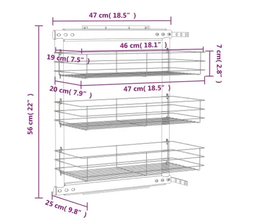 Ištraukiamas Vielinis Virtuvės Krepšys, 47X25X56cm 3 Lentynos