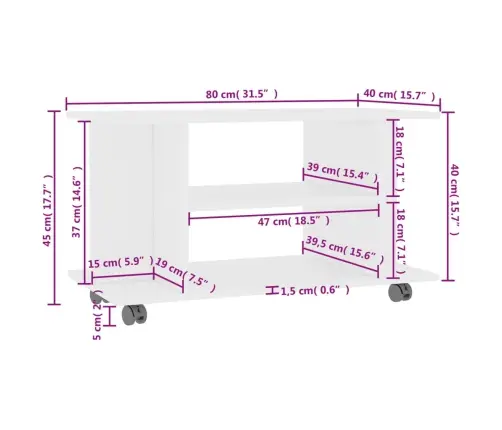 Tv Skapītis Ar Ritenīšiem, Balts, 80X40X45Cm, Inženierijas Koks Vidaxl