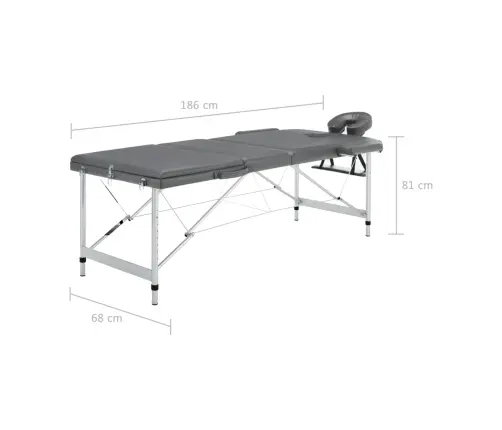 Masāžas Galds, 3 Daļas, 186X68Cm, Alumīnija Rāmis, Pelēks Vidaxl