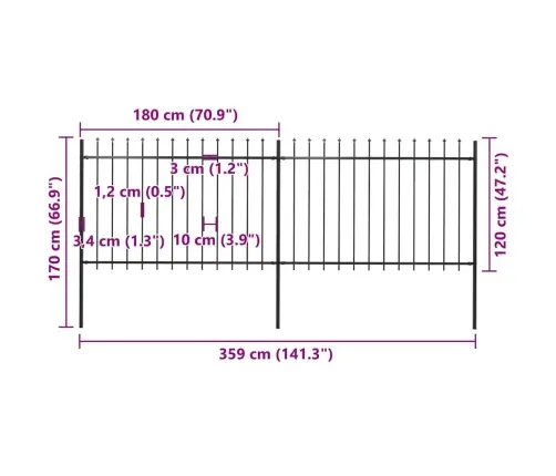 Dārza Žogs Ar Pīķiem Augšpusē, 3,4X1,2 M, Melns Tērauds Vidaxl