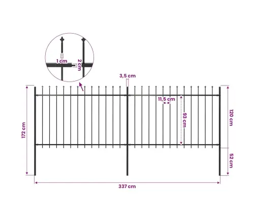 Dārza Žogs Ar Pīķiem Augšpusē, 3,4X1,2 M, Melns Tērauds Vidaxl