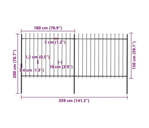Dārza Žogs Ar Šķēpu Galiem, Tērauds, 359X150 Cm, Melns Vidaxl