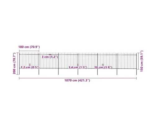 Dārza Žogs Ar Šķēpu Galiem, Tērauds, 1070X150 Cm, Melns Vidaxl