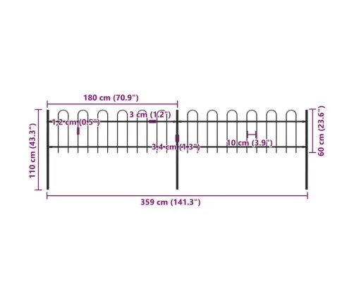 Dārza Žogs Ar Stīpām Augšpusē, Tērauds, 359X60 Cm, Melns Vidaxl