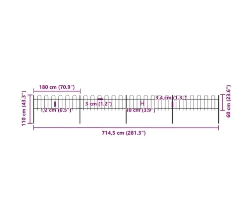 Dārza Žogs Ar Stīpām Augšpusē, Tērauds, 714,5X60 Cm, Melns Vidaxl