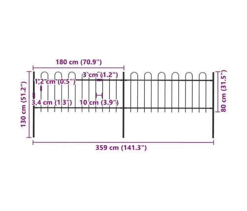Dārza Žogs Ar Stīpām Augšpusē, Tērauds, 359X80 Cm, Melns Vidaxl