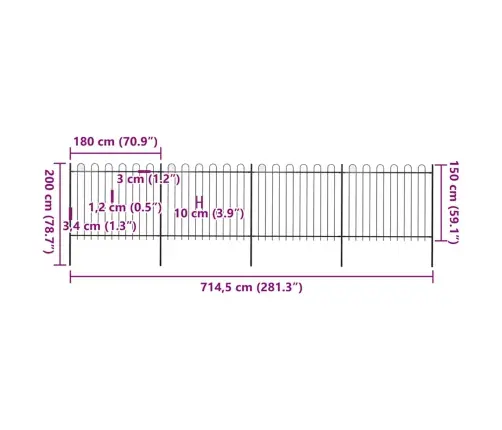 Dārza Žogs Ar Stīpām Augšpusē, Tērauds, 714,5X150 Cm, Melns Vidaxl