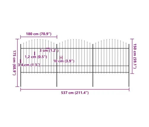 Dārza Žogs Ar Šķēpu Galiem, Tērauds, 537 Cm, Melns Vidaxl