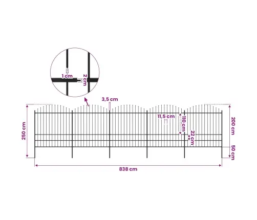 Dārza Žogs Ar Šķēpu Galiem, Tērauds, 892,5X200 Cm, Melns Vidaxl