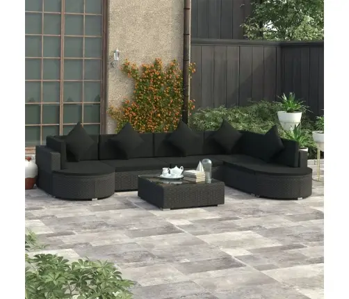 8-Osaline Aiamööblikomplekt Patjadega, Polürotang, Must