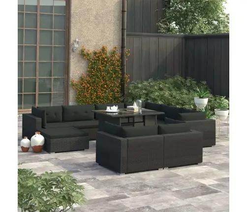 10-Osaline Aiamööblikomplekt Patjadega, Polürotang, Must