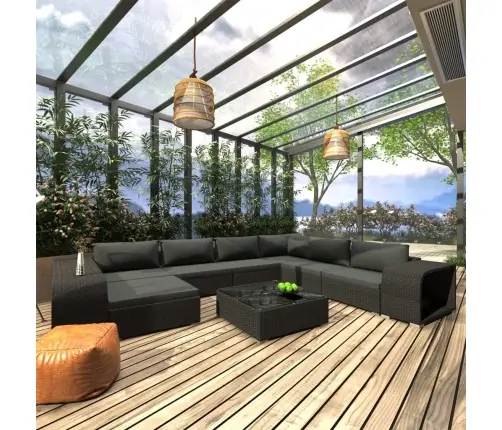 10-Osaline Aiamööblikomplekt Patjadega, Polürotang, Must
