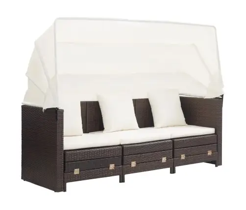 Ištraukiama Trivietė Sofa-Lova Su Stogeliu, Ruda, Poliratanas