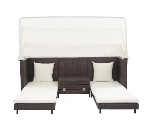 Ištraukiama Trivietė Sofa-Lova Su Stogeliu, Ruda, Poliratanas