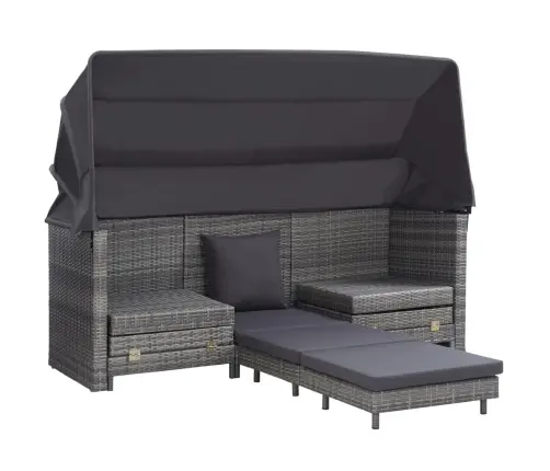 Ištraukiama Trivietė Sofa-Lova Su Stogeliu, Pilka, Poliratanas