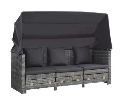 Ištraukiama Trivietė Sofa-Lova Su Stogeliu, Pilka, Poliratanas