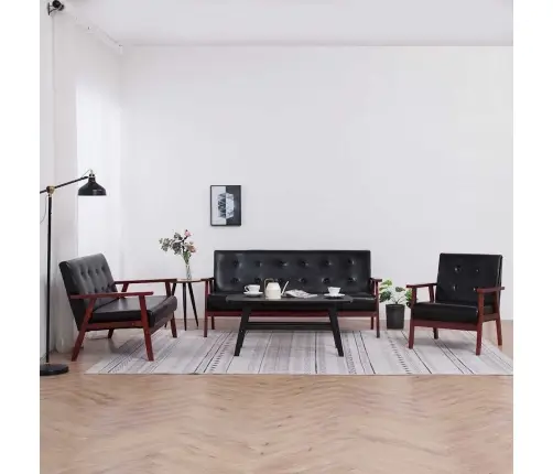 Sofos Komplektas, 3 Dalių, Juodos Spalvos, Dirbtinė Oda