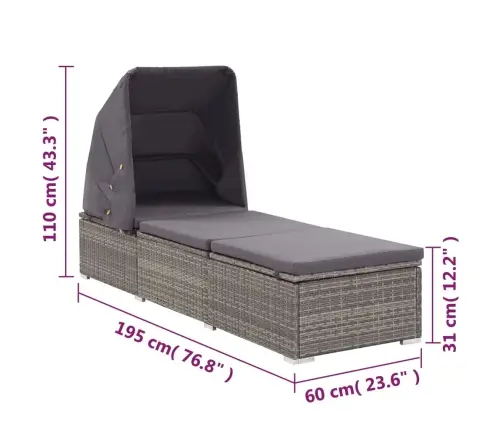 Sauļošanās Zvilnis Ar Nojumi Un Matraci, Pe Rotangpalma, Pelēks Vidaxl