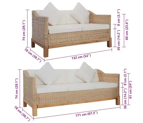 Divdaļīgs Dīvānu Komplekts Ar Matračiem, Dabīga Rotangpalma Vidaxl