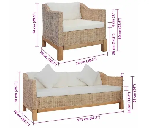 Divdaļīgs Dīvānu Komplekts Ar Matračiem, Dabīga Rotangpalma Vidaxl