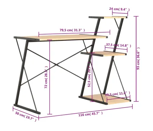Rakstāmgalds Ar Plauktu, Melna, Ozolkoka Krāsa, 116X50X93 Cm Vidaxl