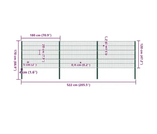 Žoga Panelis Ar Stabiem, Dzelzs, 522X120 Cm, Zaļš Vidaxl