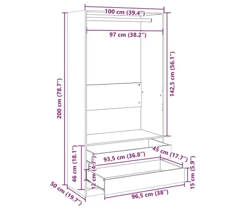 Drabužių Spinta, Baltos Spalvos, 100X50X200cm Apdirbta Mediena