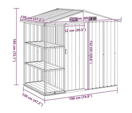 Dārza Šķūnis Ar Plauktu, Brūns, 205X130X183 Cm, Dzelzs Vidaxl