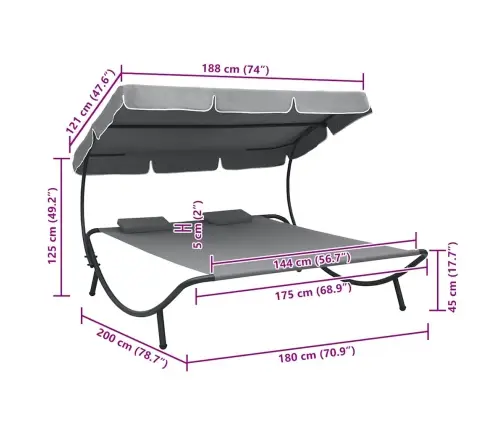Dārza Atpūtas Gulta Ar Jumtu Un Spilveniem, Pelēka Vidaxl