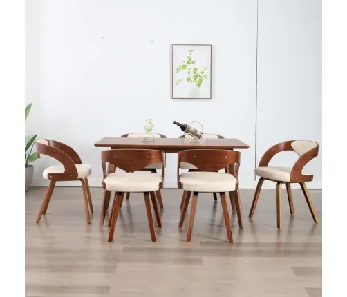 Valgomojo Kėdės, 6Vnt., Krem. Sp., Išlenkta Med. Ir Dirbt. Oda