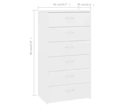 Kumode Ar 6 Atvilktnēm, Balta, 50X34X96 Cm, Inženierijas Koks Vidaxl