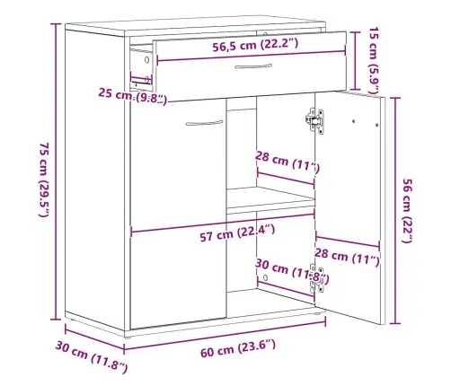 Kumode, Betona Pelēka, 60X30X75 Cm, Inženierijas Koks Vidaxl