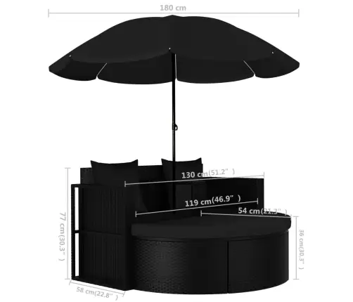 Dārza Gulta Ar Saulessargu, Melna Pe Rotangpalma Vidaxl