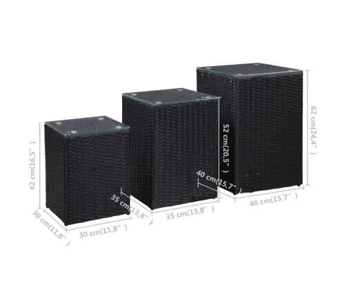 Galdiņi, 3 Gab., Melna Stikla Virsma, Pe Rotangpalma Vidaxl