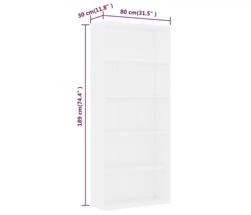 5-Līmeņu Grāmatu Plaukts, Balts, 80X30X189Cm, Inženierijas Koks Vidaxl