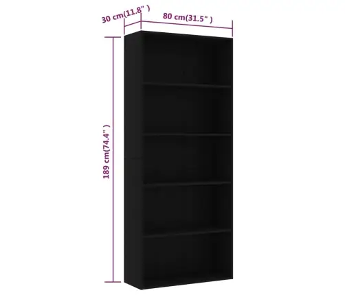 5-Līmeņu Grāmatu Plaukts, Melns, 80X30X189Cm, Inženierijas Koks Vidaxl