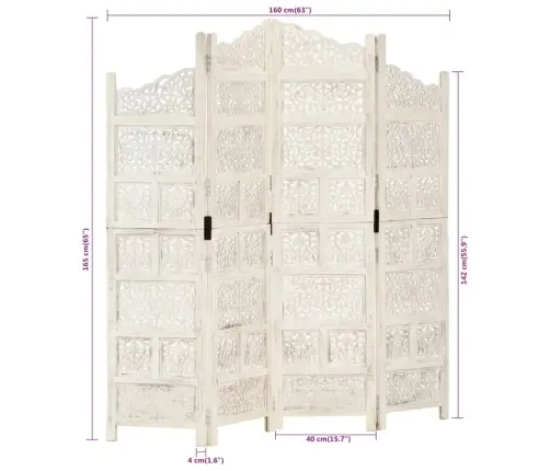 Kambario Pertvara, 4 Dalių, Balta, 160X165cm Mango Masyvas