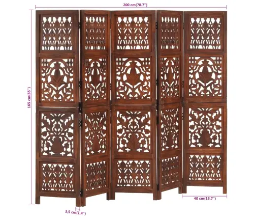 5-Paneļu Aizslietnis, 200X165 Cm, Roku Darbs, Brūns, Mango Koks Vidaxl