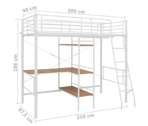 Divstāvu Gulta Ar Galda Rāmi, Balts Metāls, 90X200 Cm Vidaxl