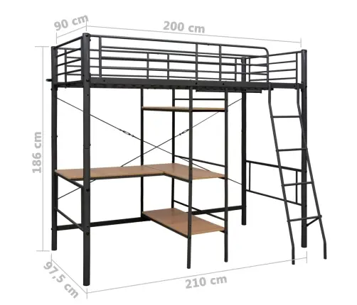 Divstāvu Gulta Ar Galda Rāmi, Pelēks Metāls, 90X200 Cm Vidaxl