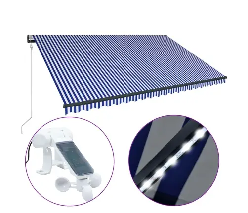Markīze Ar Vēja Sensoru Un Led, 500X300 Cm, Zila Ar Baltu Vidaxl