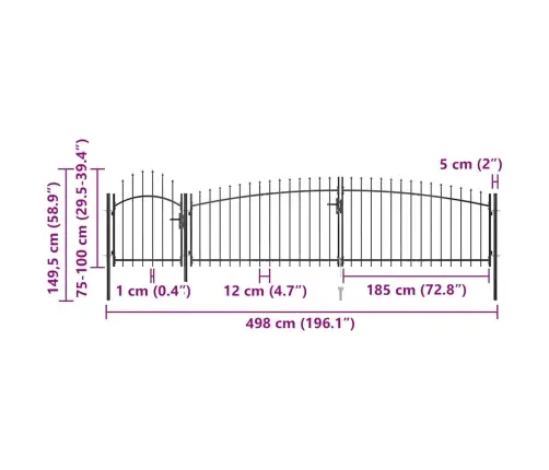 Dārza Žoga Vārti Ar Pīķiem Augšpusē, 5X1,5 M, Melni Vidaxl